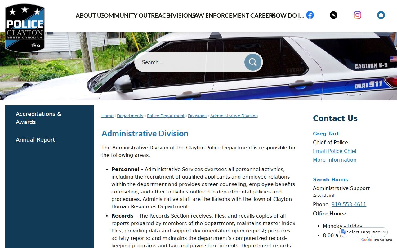 Johnston County Clayton police criminal records administrative page