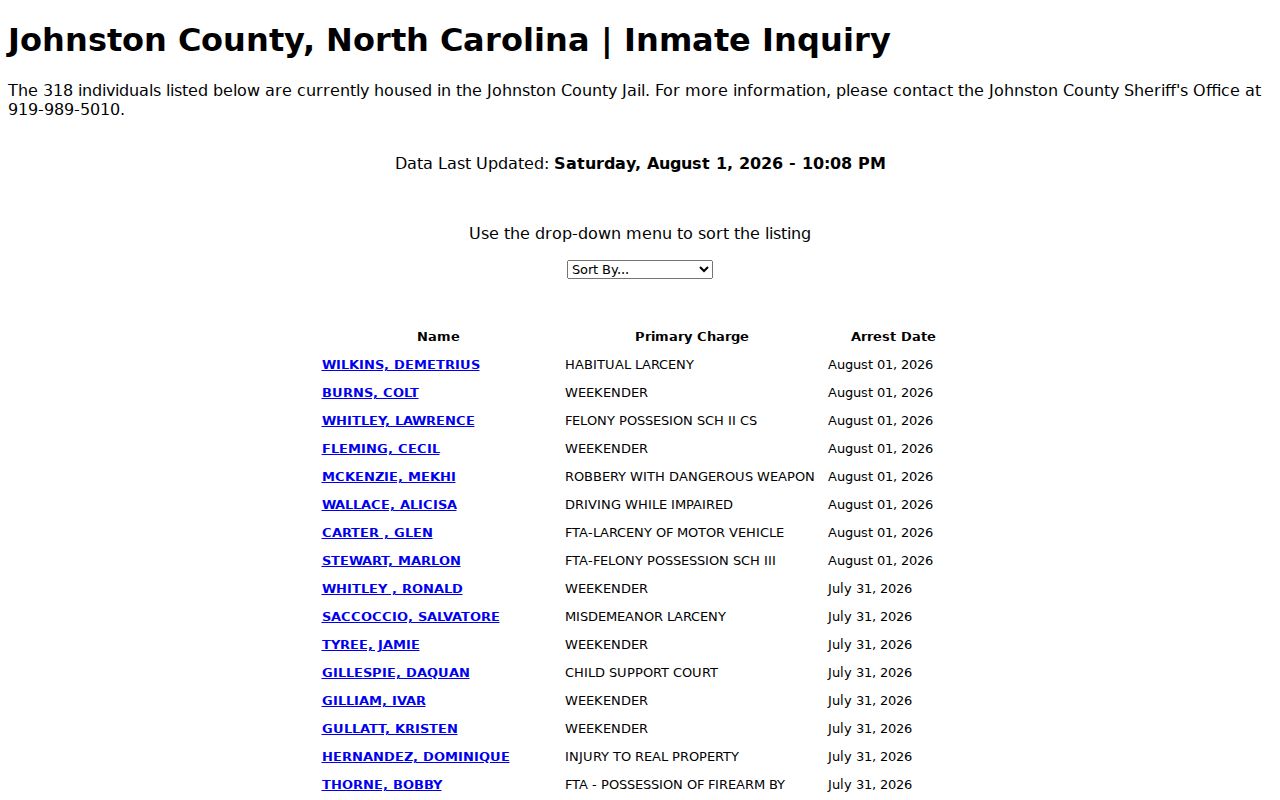 Recent Johnston County arrest booking and current inmate list