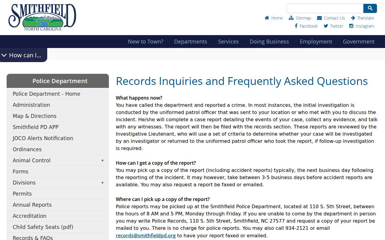 Johnston County Smithfield police criminal report request page